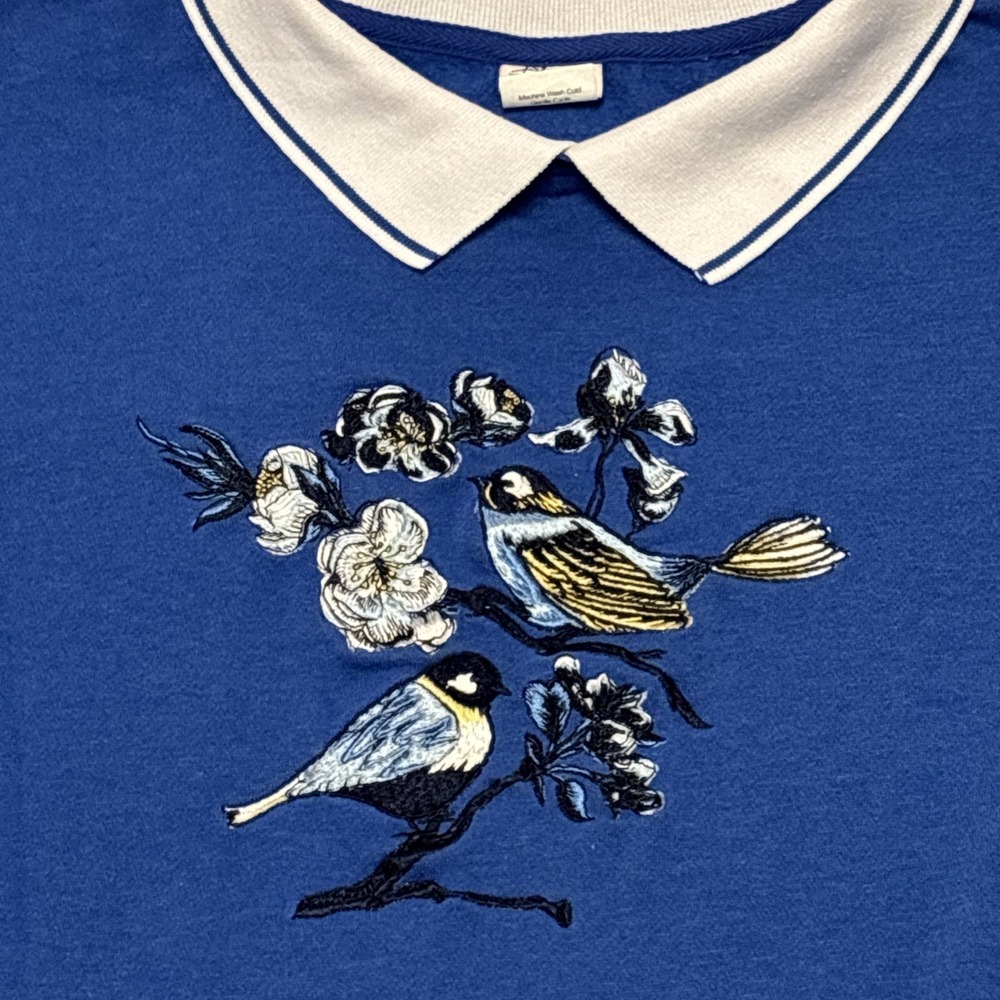 Women's Xl 90's Vtg Sweatshirt Bluebirds Peter Pan Collar‎ Grandma Cottagecore